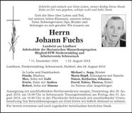 Traueranzeige Johann Fuchs