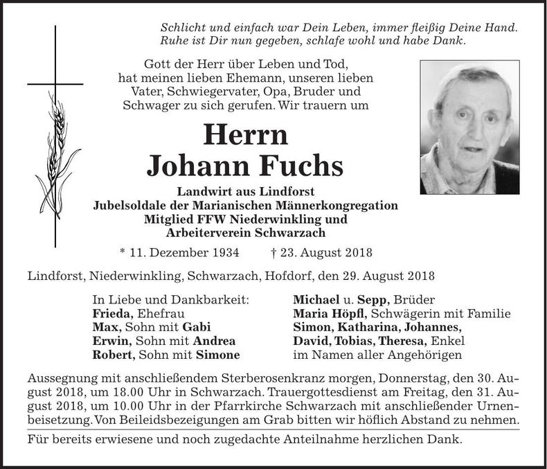 Traueranzeige Johann Fuchs