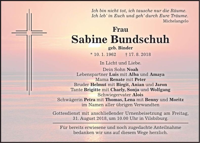 Traueranzeige Sabine Bundschuh