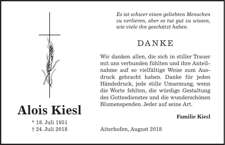 Traueranzeige Alois Kiesl