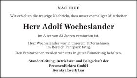 Traueranzeige Adolf Wocheslander