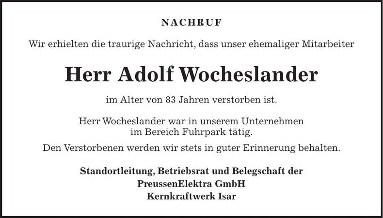 Traueranzeige Adolf Wocheslander