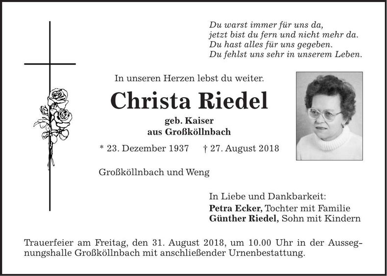Traueranzeige Christa Riedel