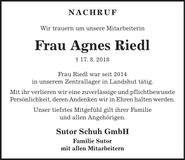 Traueranzeige Agnes Riedl