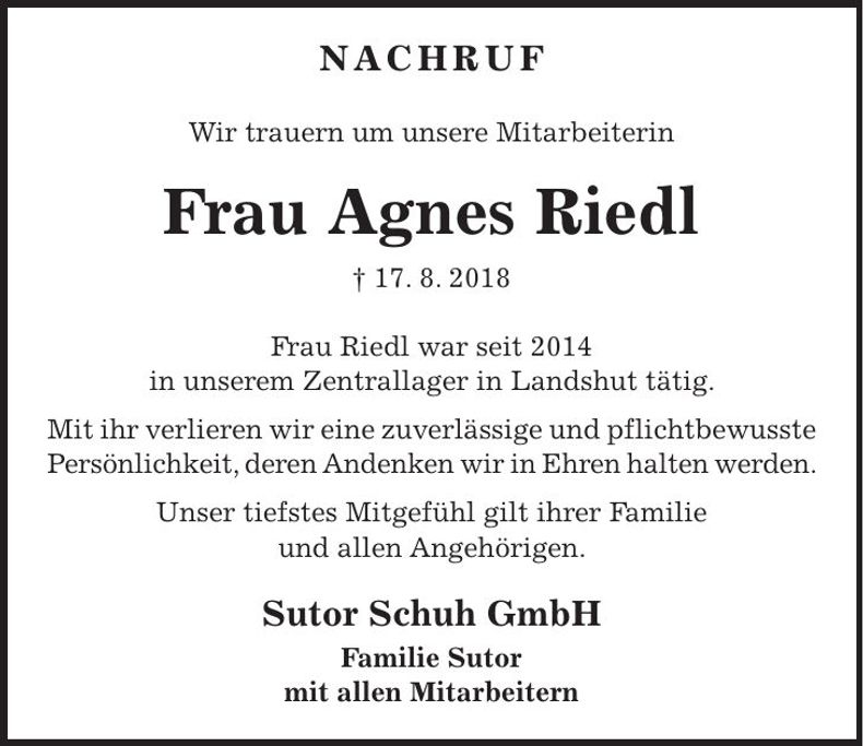 Traueranzeige Agnes Riedl