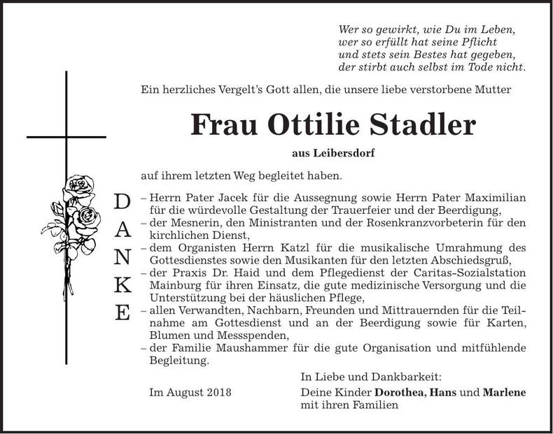 Traueranzeige Ottilie Stadler