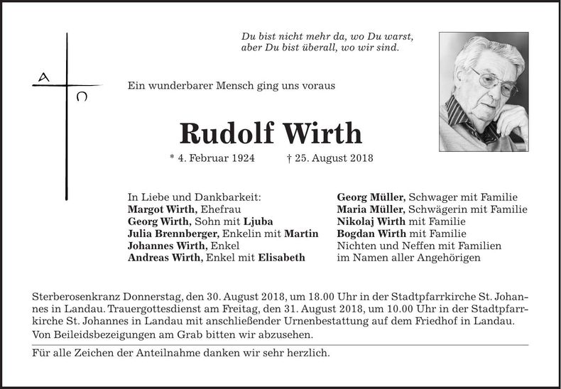Traueranzeige Rudolf Wirth