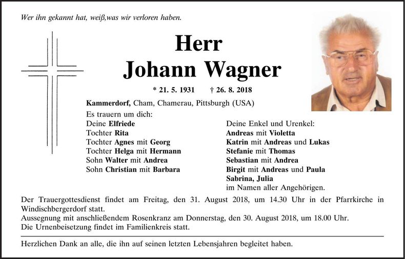 Traueranzeige Johann Wagner