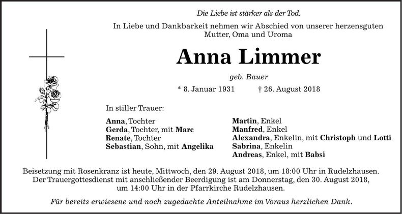 Traueranzeige Anna Limmer