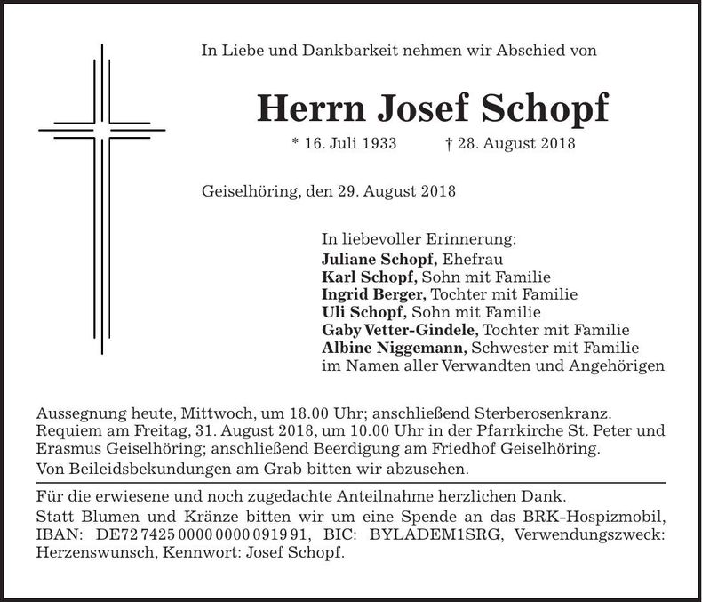 Traueranzeige Josef Schopf