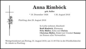 Traueranzeige Anna Rimböck