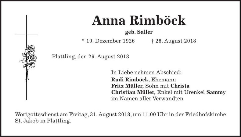 Traueranzeige Anna Rimböck