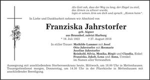 Traueranzeige Franziska Jahrstorfer