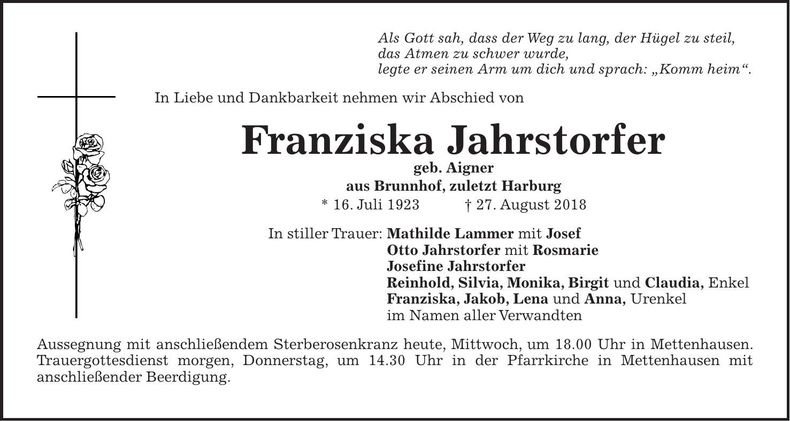 Traueranzeige Franziska Jahrstorfer