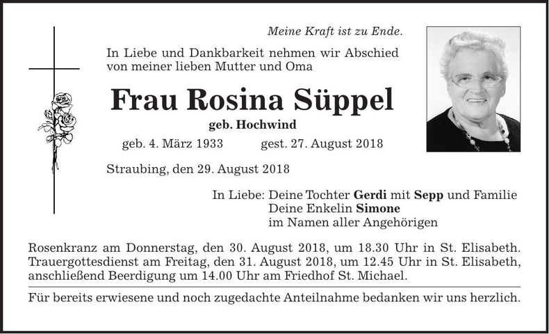Traueranzeige Rosina Süppel