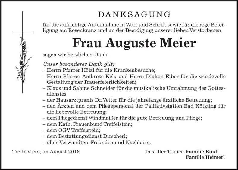Traueranzeige Auguste Meier