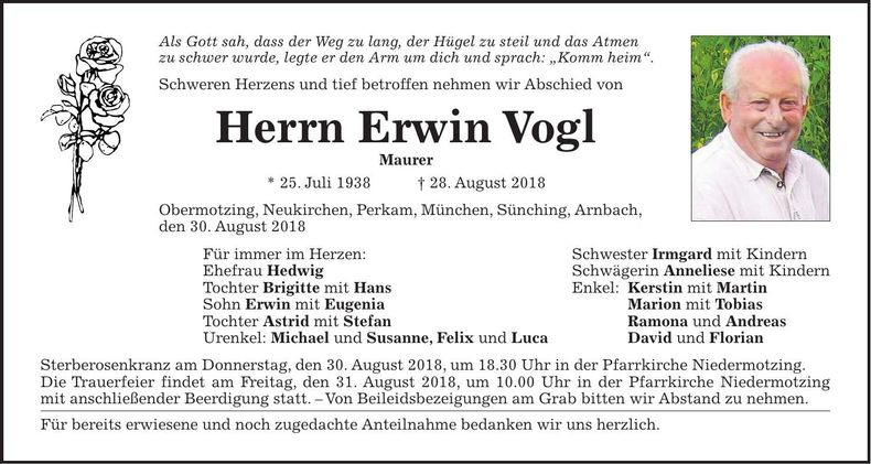 Traueranzeige Erwin Vogl