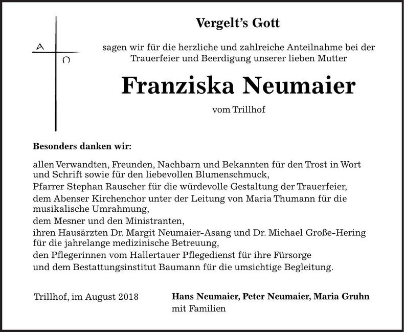 Traueranzeige Franziska Neumaier