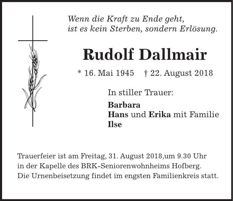 Traueranzeige Rudolf Dallmair