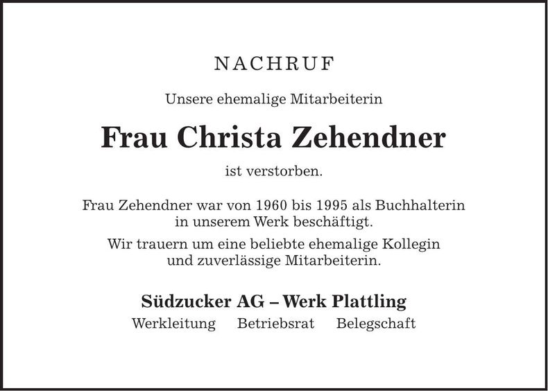 Traueranzeige Christa Zehendner