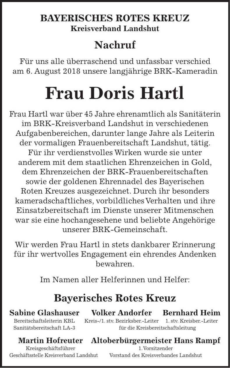 Traueranzeige Doris Hartl