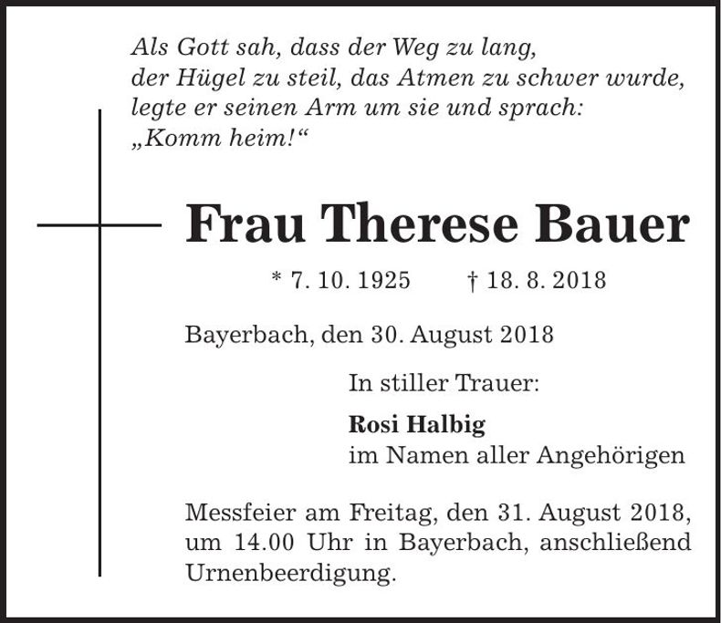 Traueranzeige Therese Bauer