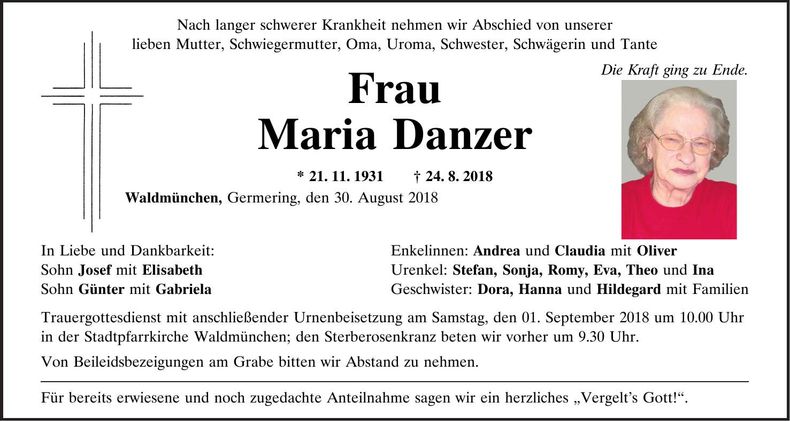 Traueranzeige Maria Danzer