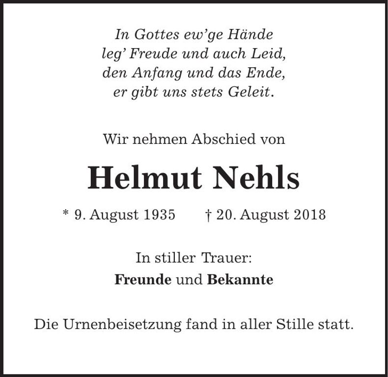 Traueranzeige Helmut Nehls