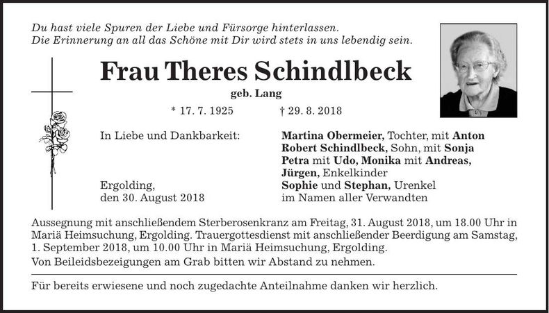 Traueranzeige Theres Schindlbeck