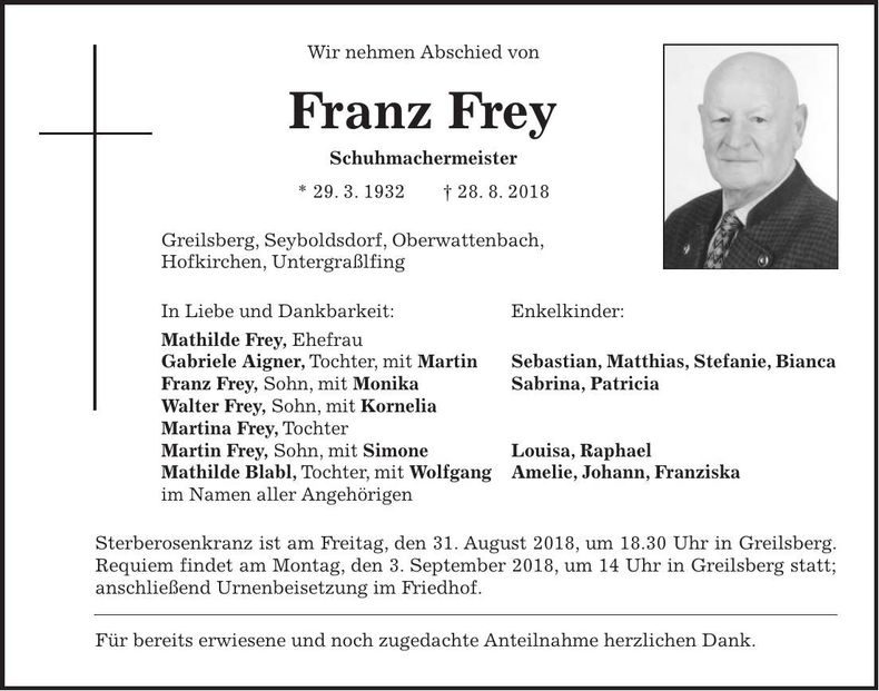 Traueranzeige Franz Frey
