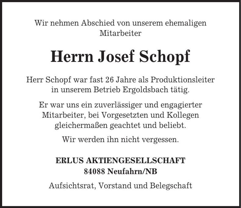 Traueranzeige Josef Schopf
