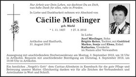 Traueranzeige Cäcilie Mieslinger