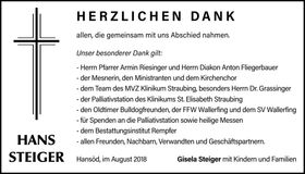 Traueranzeige Hans Steiger
