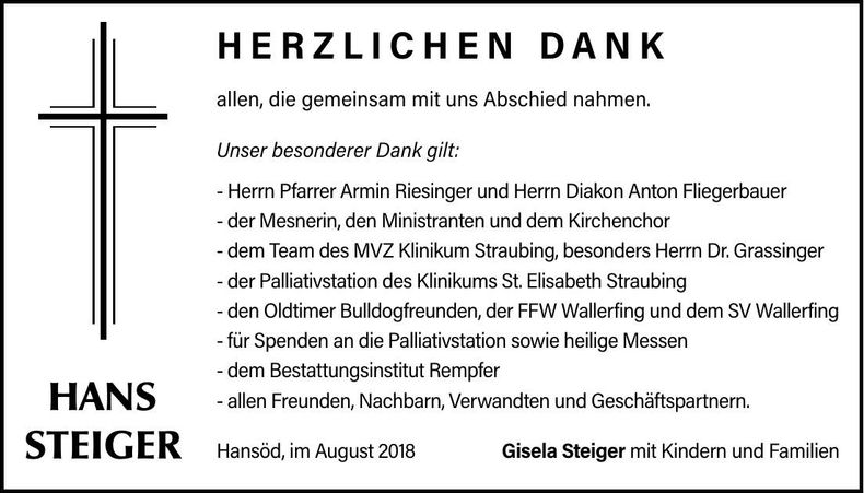 Traueranzeige Hans Steiger