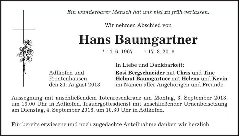 Traueranzeige Hans Baumgartner