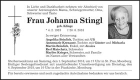 Traueranzeige Johanna Stingl
