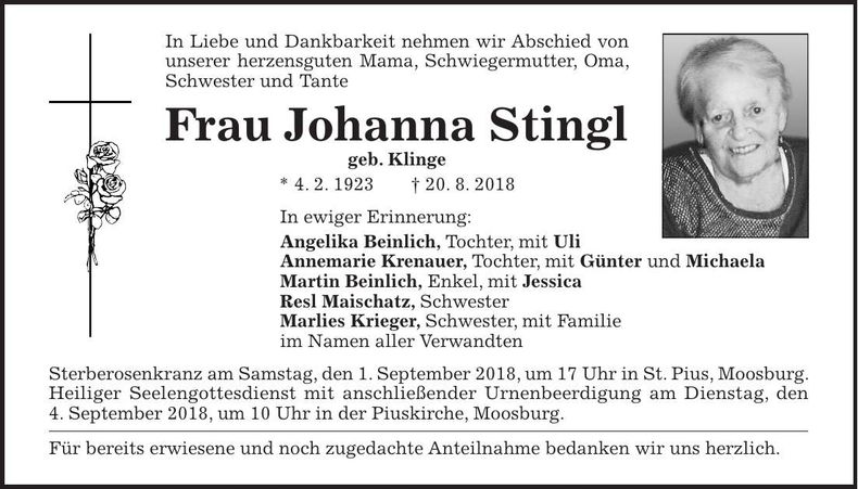Traueranzeige Johanna Stingl