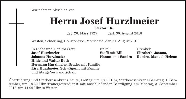Traueranzeige Josef Hurzlmeier