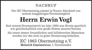 Traueranzeige Erwin Vogl