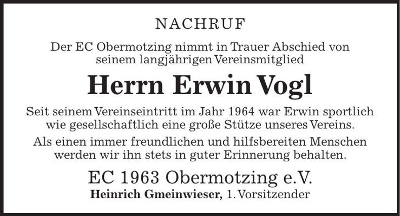Traueranzeige Erwin Vogl