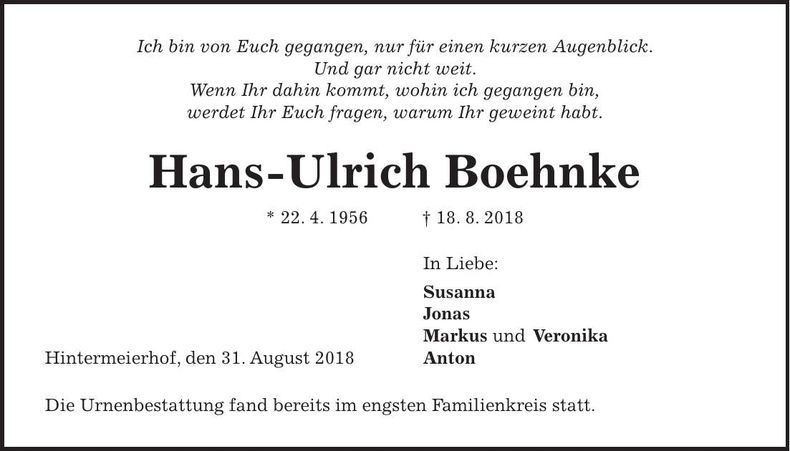 Traueranzeige Hans-Ulrich Boehnke
