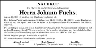 Traueranzeige Johann Fuchs