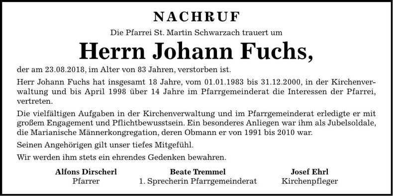 Traueranzeige Johann Fuchs