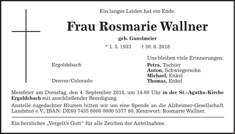 Traueranzeige Rosmarie Wallner