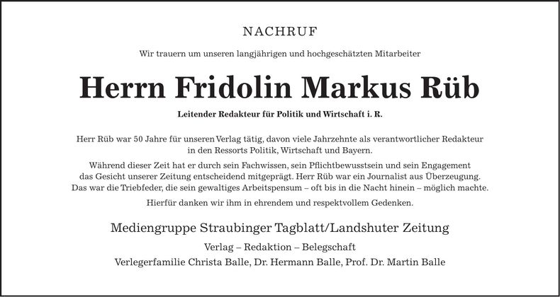 Traueranzeige Fridolin Markus Rüb
