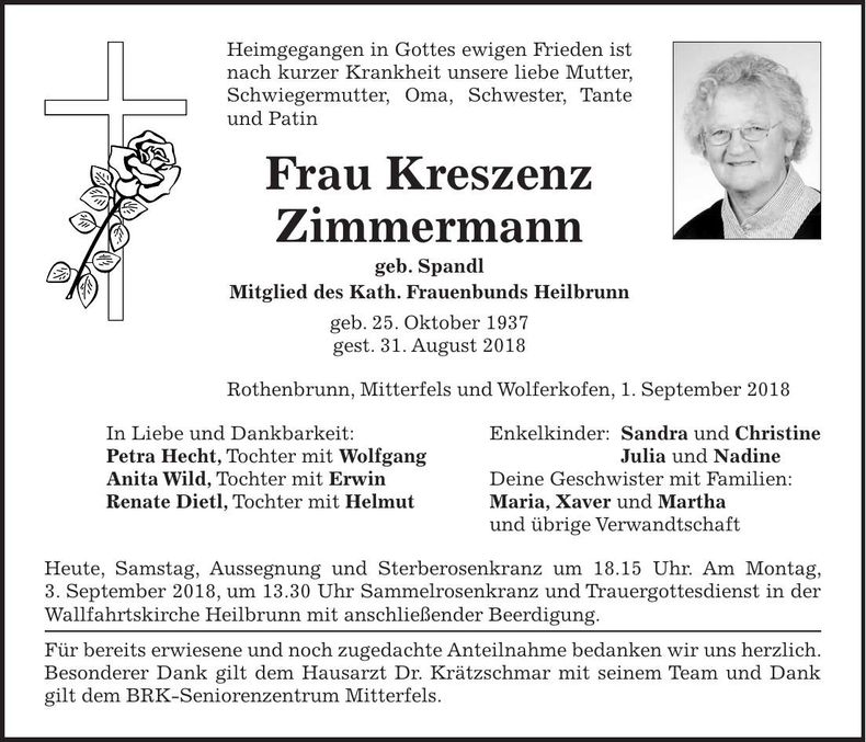 Traueranzeige Kreszenz Zimmermann