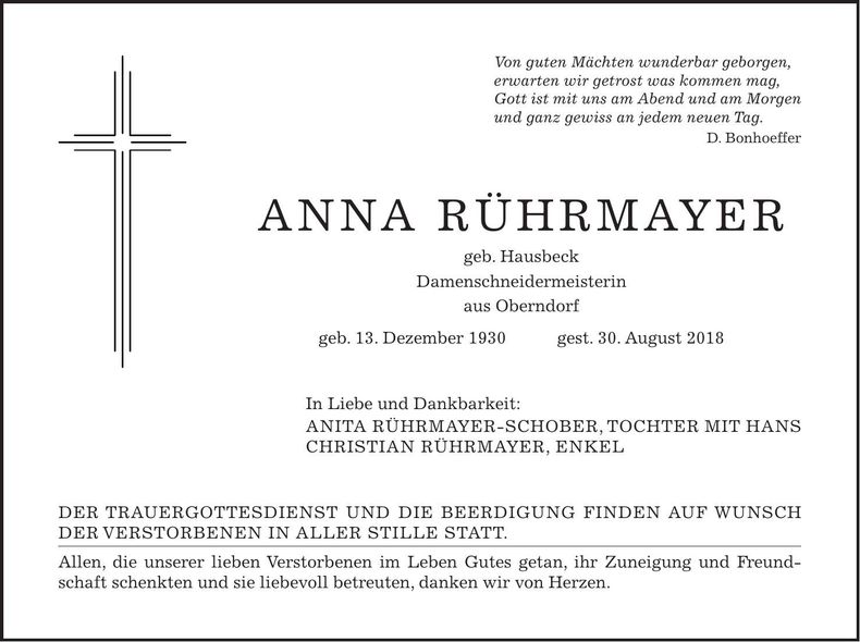 Traueranzeige Anna Rührmayer