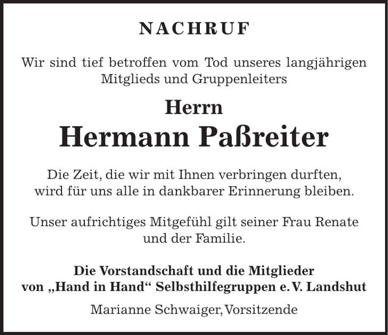 Traueranzeige Hermann Paßreiter