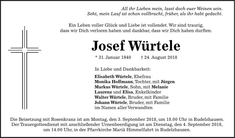 Traueranzeige Josef Würtele