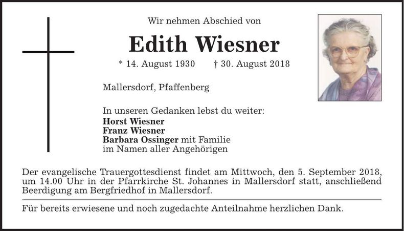 Traueranzeige Edith Wiesner